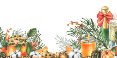 Christmas decor with tangerines, champagne, sweets and pine branches. Watercolor illustration, hand drawn. For congratulations and holiday. Horizontal border png