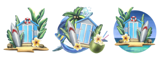 Wooden beach cabin with surfboard, tropical monstera leaves, frangipani flowers and cocktail in coconut. Watercolor illustration, hand drawn. A set Isolated compositions png