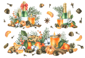 Christmas decor with tangerines, champagne. sweets and pine branches. Watercolor illustration, hand drawn for congratulations and holiday.. A set isolated compositions png