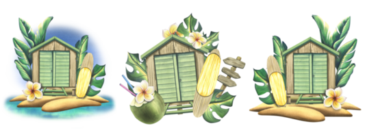 Wooden beach cabin with surfboard, tropical palm leaves, frangipani flowers and cocktail in coconut. Watercolor illustration, hand drawn. A set Isolated compositions png