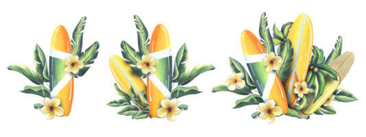Surfboards are yellow with orange and white stripes with tropical leaves and coconut palms, plumeria flowers. Watercolor illustration hand drawn. A set isolated compositions png