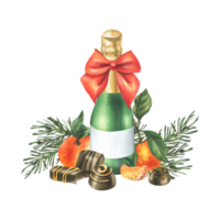 Kerstmis verzameling met mandarijnen, snoepgoed, kruiden, Champagne en planten. waterverf illustratie, hand- getrokken voor vakantie decor. geïsoleerd samenstelling png