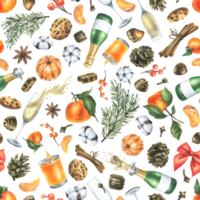 Christmas collection with tangerines, sweets, spices, champagne and plants. Watercolor illustration, hand drawn for holiday decor. Seamless pattern png