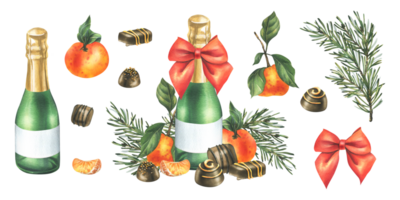 Weihnachten Sammlung mit Mandarinen, Süßigkeiten, Gewürze, Champagner und Pflanzen. Aquarell Illustration, Hand gezeichnet zum Urlaub Dekor.. einstellen von isoliert Objekte png