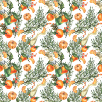 Tangerines with pine branches and cones, champagne in bottles and glasses. Hand drawn watercolor illustration for christmas fabric, textile, wrapping paper. Seamless pattern png