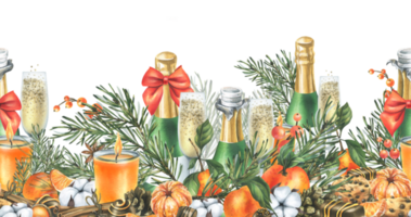 Christmas decor with tangerines, champagne. sweets and pine branches. Watercolor illustration, hand drawn. Seamless, horizontal border. For congratulations and holiday. png