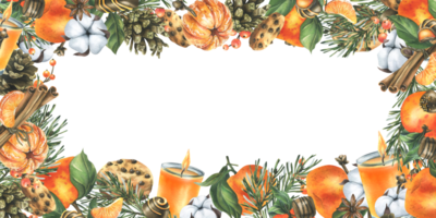 Mandarinen mit Baumwolle, Kiefer Geäst und Zapfen, Süßigkeiten, Kerze und Gewürze. Aquarell Illustration Hand gezeichnet zum Weihnachten Dekor. horizontal rechteckig Rahmen png