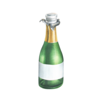 An open green bottle with champagne, a golden wrapper and an empty white label. Watercolor illustration, hand drawn. Isolated object png