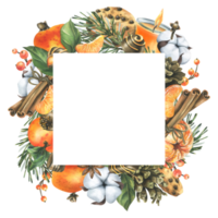 mandarines avec coton, pin branches et cônes, bonbons, bougie et épices. aquarelle illustration main tiré pour Noël décor. carré Cadre isolé png