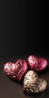 3D Render Of Bronze And Copper Ethnic Hearts Shapes. Valentine's Day Concept. photo