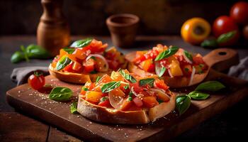 Fresh gourmet meal grilled tomato and mozzarella sandwich generated by AI photo