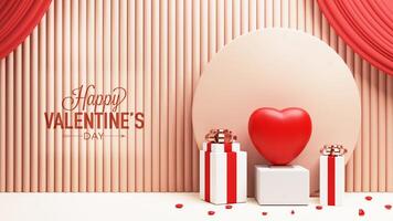3D Render, Wooden Wall Panels With Red Curtains, Circular Frame, Gift Boxes And Glossy Heart Stand On Podium. Happy Valentine's Day Concept. photo