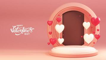 Happy Valentine's Day Font With 3D Render, Heart Shape Balloons Decorated Circular Frame And Podium. photo