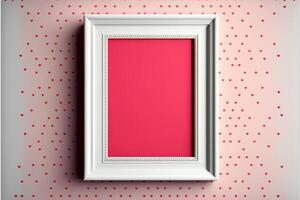 3D Render, Photo Frame With Image Placeholder Against Pink Hearts Decorated Wall.