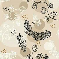 Doodle seamless pattern with plant elements. Twigs, flowers and leaves on stems on a spotted background with abstract shapes. vector