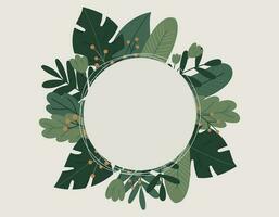 Leaves of tropical plants and trees, monstera and palm. Vector isolated Round template with jungle floral pattern frame.