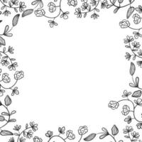 Simple vector frame or border with doodle twigs. Branches and stems of plants with flowers, leaves and buds with petals. Line art decor elements.