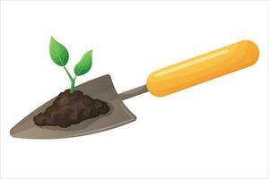 Garden scoop with pile of black soil and sprout of young plant with leaves. Concept of gardening and growing. Vector isolated cartoon illustration.