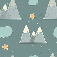 Cute vector seamless pattern in scandinavian style. Kids stickers of mountains with snow-capped peaks, clouds and stars. Childish trending background or wrapping paper.