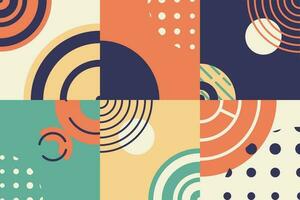 Vector abstract horizontal background. Bright geometric shapes and forms. Retro styled layout or template with circles and arcs, modern contrasting dots and lines.