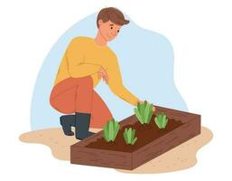 A young man is sitting near a garden bed with earth and plants and doing gardening. Vector isolated flat gardener.