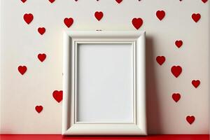 ai generativo 3d prestar, foto marco con imagen marcador de posición en contra rojo corazones pared. amor concepto.