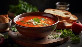 Fresh vegetable soup on rustic wooden table photo