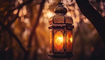 Old fashioned lantern hanging from tree, glowing warmly generated by AI photo