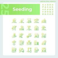 Seeding gradient linear vector icons set. Agricultural industry. Gardening business. Growing plants. Field sowing. Thin line contour symbol designs bundle. Isolated outline illustrations collection