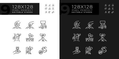 Agriculture linear icons set for dark, light mode. Soil cultivation. Growing crops. Rural development. Planting season. Thin line symbols for night, day theme. Isolated illustrations. Editable stroke vector