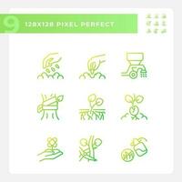 Agriculture gradient linear vector icons set. Soil cultivation. Growing crops. Rural development. Planting season. Thin line contour symbol designs bundle. Isolated outline illustrations collection