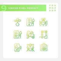 Future farming gradient linear vector icons set. Modern agriculture. High tech. Artificial intelligence. Smart farms. Thin line contour symbol designs bundle. Isolated outline illustrations collection