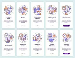 Reproductive choice onboarding mobile app screen set. Human right walkthrough 5 steps editable graphic instructions with linear concepts. UI, UX, GUI template vector