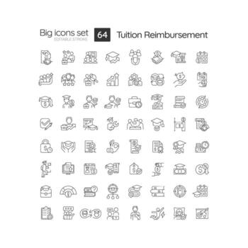 Tuition reimbursement linear icons set. Financial assistance. Employee development. University graduation. Customizable thin line symbols. Isolated vector outline illustrations. Editable stroke