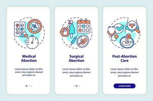 Abortion care onboarding mobile app screen. Medical service walkthrough 3 steps editable graphic instructions with linear concepts. UI, UX, GUI template vector