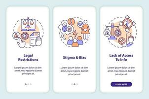 Reproductive choice barriers onboarding mobile app screen. Safe care walkthrough 3 steps editable graphic instructions with linear concepts. UI, UX, GUI template vector