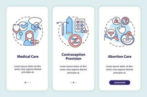 Sexual and reproductive health elements onboarding mobile app screen. Walkthrough 3 steps editable graphic instructions with linear concepts. UI, UX, GUI template vector