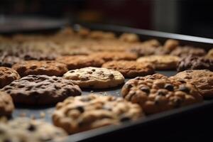 cerca arriba de Fresco delicioso galletas en un bandeja generativo ai foto