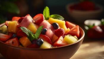 Fresh fruit salad with berries and mint leaf photo