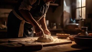 One man kneading dough, preparing homemade bread generated by AI photo