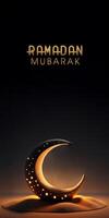 Ramadan Mubarak Banner Design With Golden Glittery Text, 3D Render of Crescent Moon Decorated With Glowing Stars On Dune. photo