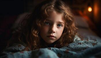 Cute Caucasian girl smiling in cozy bedroom at night photo