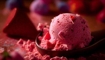 Sweet summer indulgence strawberry ice cream and raspberry dessert , photo