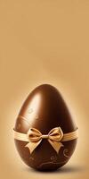 3D Render of Floral Chocolate Egg With Golden Silk Bow Ribbon And Copy Space. Happy Easter Concept. photo
