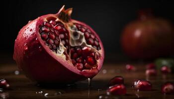 Ripe pomegranate slice on wooden table refreshes me generated by AI photo