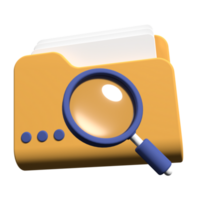 3d magnifying glass and yellow folder with files. Concept of document search. Search folder in 3d render. 3d rendering illustration png