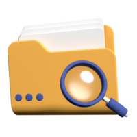 3d magnifying glass and yellow folder with files. Concept of document search. Search folder in 3d render. 3d rendering illustration png