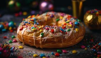 Multi colored donuts on bright blue plate generated by AI photo