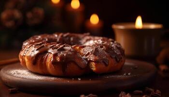 Stack of homemade chocolate cookies on rustic table generated by AI photo