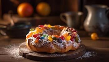 Freshly baked homemade berry pie on rustic table generated by AI photo